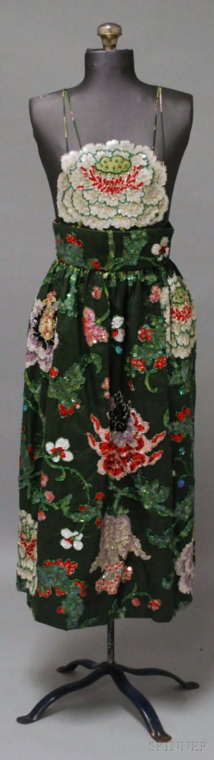 Michael Novarese Apron-style Evening Dress, bib-fr: Michael Novarese Apron-style Evening Dress, bib-front dress with fitted waist and full-length skirt, thin spaghetti straps cross in back, in polished green and floral-patterned cotton chintz embellish