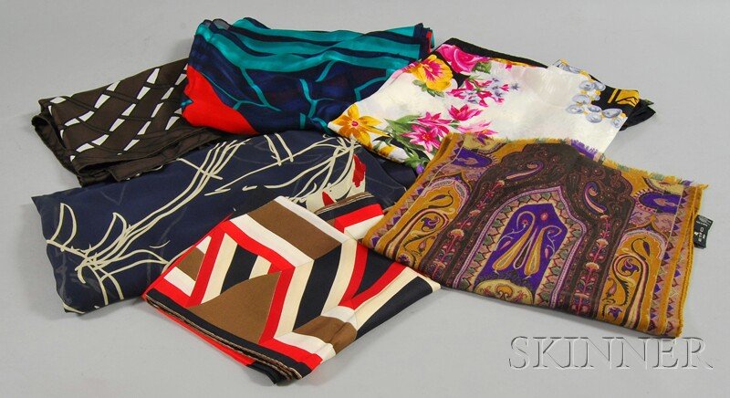 Six Assorted Designer Scarves/Shawls, five in silk: Six Assorted Designer Scarves/Shawls, five in silk including two Lanvin, a large sheer Valentino, Bernard Perris, and others, and an Etro silk and cashmere blend, colors and sizes vary.