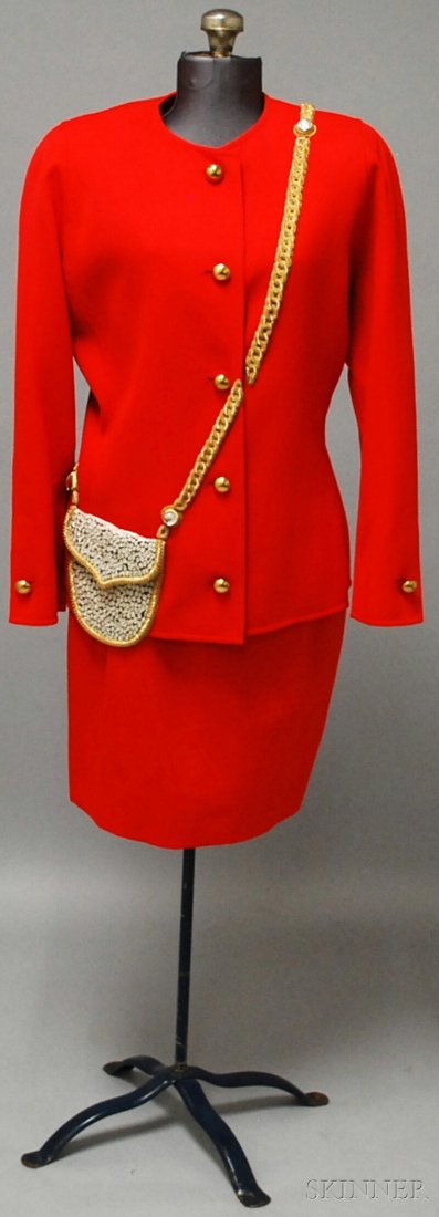 Bill Blass Red Skirt Suit With Gold Buttons and Me: Bill Blass Red Skirt Suit With Gold Buttons and Metallic Gold and Beaded Purse Design, which doubles as a single pocket on right side, both labeled Bill Blass, with additional Neiman Marcus label, siz