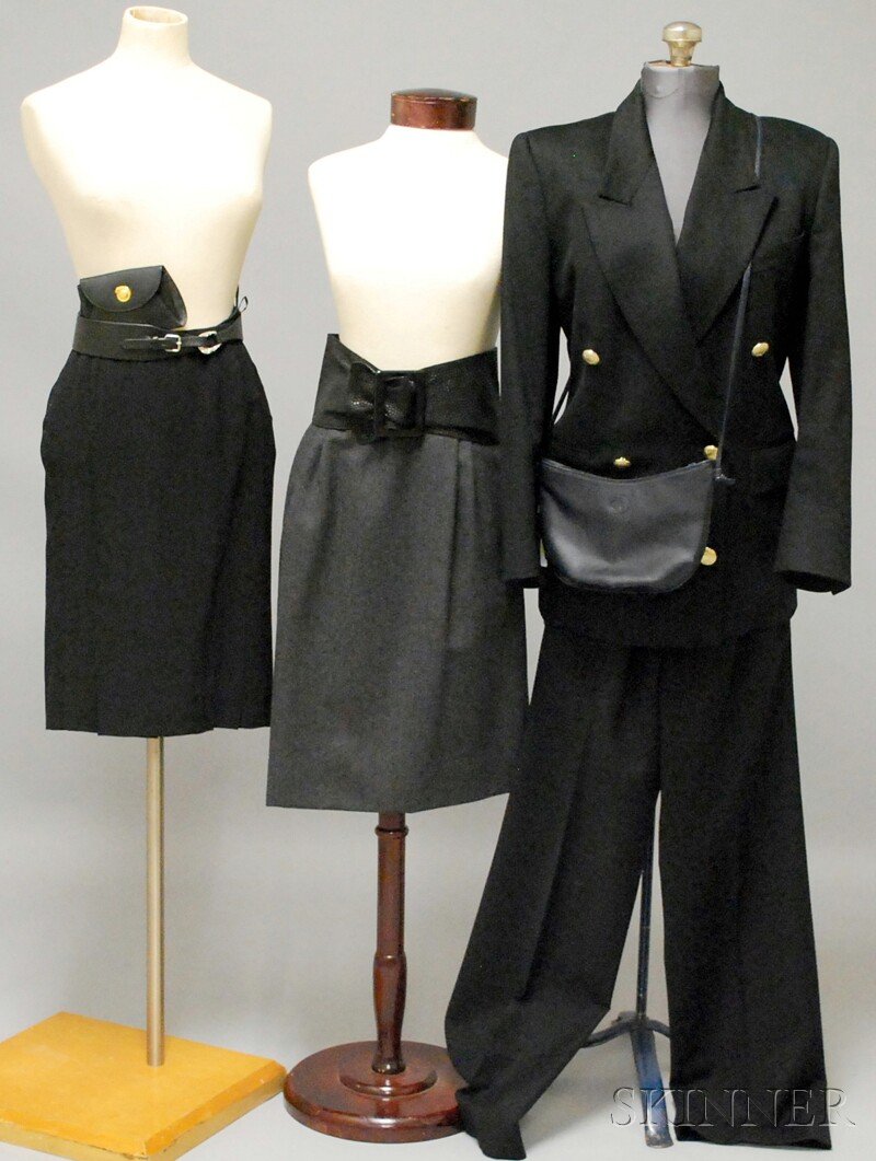 Assorted Designer Clothing and Accessories, mostly: Assorted Designer Clothing and Accessories, mostly vintage items, including a wide Yves Saint Laurent belt, small Cartier purse, Valentino Studio wool skirt, navy leather Christian Dior purse, Christi