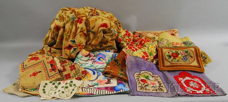 Collection of Needlepoint, Needlework, and Embroid: Collection of Needlepoint, Needlework, and Embroidery, Continental, age varies, including a range of styles from America and beyond, fragments and larger panels, at least one purse, crewel, etc.