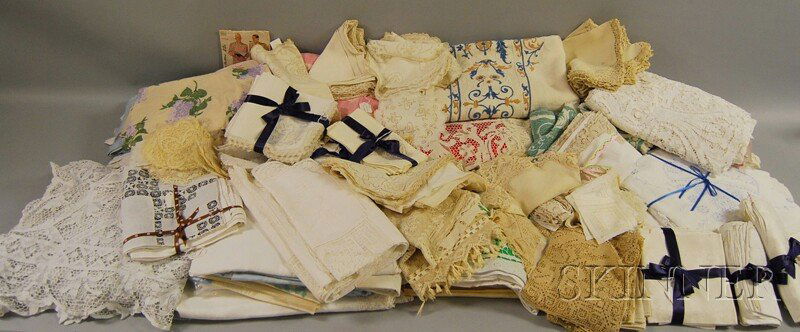 Large Collection of Assorted Bed and Table Linens,: Large Collection of Assorted Bed and Table Linens, approx. four bins, including various needlework, crochet, cutwork, fine homespun linens, many examples of handwork, lunch and dinner sets, doilies, e