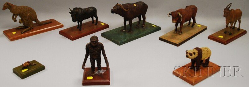 Eight U.S. WPA Painted Modeled Wax Figures of Vari: Eight U.S. WPA Painted Modeled Wax Figures of Various Exotic Animals, 1930s, on original wood bases with stamped labeling, written notations, and paper labels, including project no. 12201-0-7, approx.