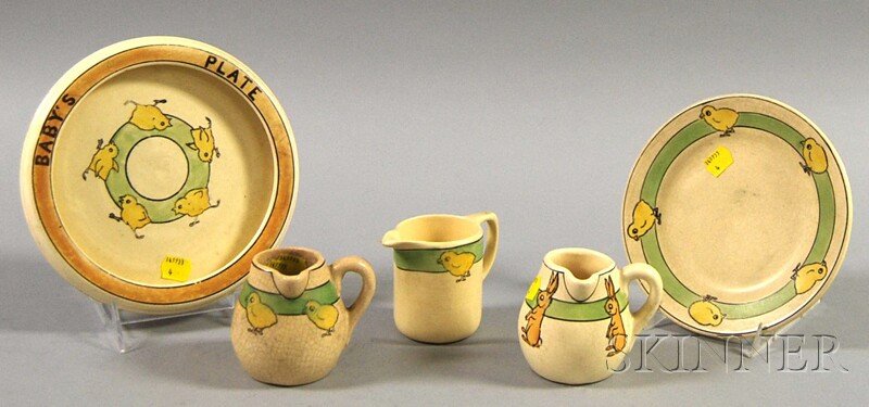 Five Pieces of Roseville Pottery Juvenile Tablewar: Five Pieces of Roseville Pottery Juvenile Tableware, a rabbit jug, two chick jugs, a plate, and a "Baby's Plate," plate dia. 7 in. Provenance: Penny Marshall Collection.