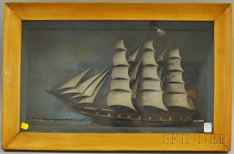 Carved and Painted Sailing Ship Diorama, the three: Carved and Painted Sailing Ship Diorama, the three-masted vessel with painted background sky and "sea," 17 x 26 in., overall. Provenance: Penny Marshall Collection.