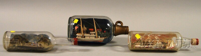 Three Folk Art Mixed-media Ships in Glass Bottles,: Three Folk Art Mixed-media Ships in Glass Bottles, mid-20th century, lg. to 11 1/2 in. Provenance: Penny Marshall Collection.