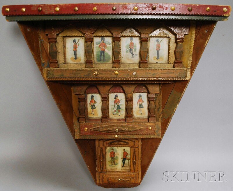Tramp Art Painted Notch-carved Wood Eight-part Fra: Tramp Art Painted Notch-carved Wood Eight-part Frame, containing British soldier tobacco silks, ht. 25, wd. 21, dp. 4 3/4 in. Provenance: Penny Marshall Collection.