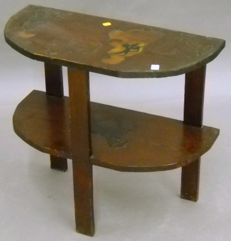 Folk Art Carved and Stained Pine "Mary had a Littl: Folk Art Carved and Stained Pine "Mary had a Little Lamb" Demilune Two-tier Side Table. Provenance: Penny Marshall Collection.