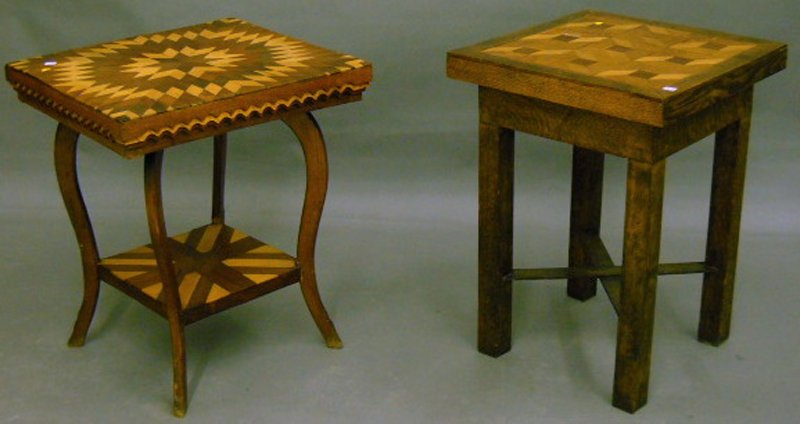 Tramp Art Parquetry-decorated Wooden Occasional Ta: Tramp Art Parquetry-decorated Wooden Occasional Table and a Parquetry-top Oak Occasional Table. Provenance: Penny Marshall Collection.
