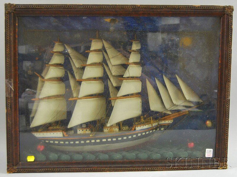 Folk Art Carved and Painted Sailing Ship Diorama,: Folk Art Carved and Painted Sailing Ship Diorama, the three-masted vessel with painted background sky and carved "sea," in a deep molded wood frame, 20 1/4 x 27 in., overall. Provenance: Penny Marshal