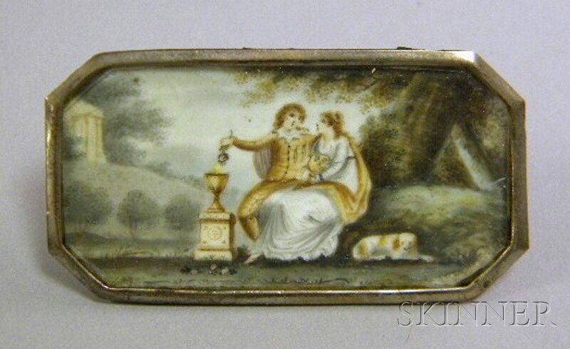 Silver-framed Miniature Hand-painted Scene on Ivor: Silver-framed Miniature Hand-painted Scene on Ivory Depicting a Romantic Couple in a Landscape, Europe, c. 1825, lg. 2 in.