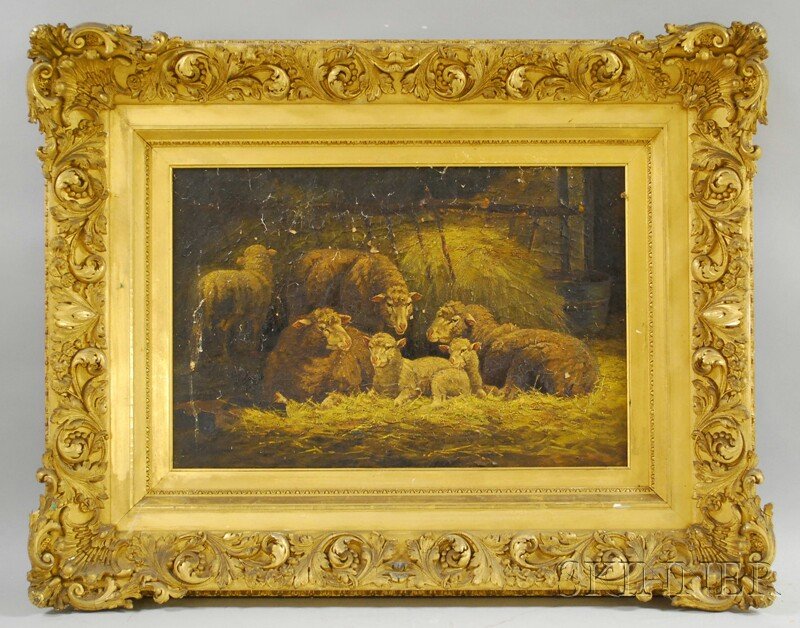 Nellie Pairpoint (American, ac. 1897-1914) Sheep i: Nellie Pairpoint (American, ac. 1897-1914) Sheep in the Barn. Signed "Nellie Pairpoint" l.l. Oil on canvas, 16 x 24 in., framed. Condition: Scattered paint loss, lifting, surface grime, craquelure.