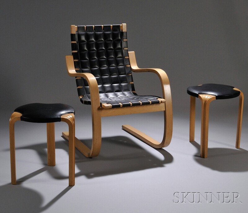 Alvar Aalto Black-leather Upholstered Blonde Bentw: Alvar Aalto Black-leather Upholstered Blonde Bentwood Armchair and a Pair of Black Leather Upholstered Blondewood Fan-leg Stools.