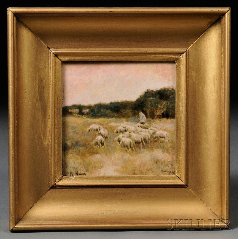 Rozenburg den Haag Hand-painted Pottery Tile, Holl: Rozenburg den Haag Hand-painted Pottery Tile, Holland, late 19th/early 20th century, after Anton Mauve (1838-1888), depicting a shepherd and his flock in a field, signed "M.A. Mauve" l.l. and "Rozenbu