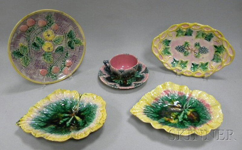 Six Pieces of Majolica Ceramic Tableware, includi: Six Pieces of Majolica Ceramic Tableware, including two Griffin, Smith, & Hill leaf-form dishes, an Etruscan strawberry pattern plate, blackberry pattern plate, and scallop shell pattern cup and sauce
