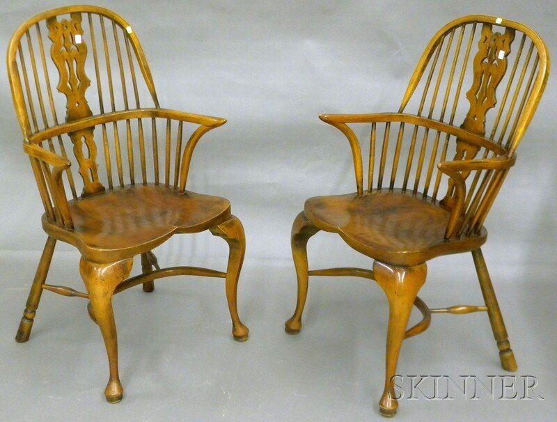 Pair of Smith & Watson English-style Windsor Yeww: Pair of Smith & Watson English-style Windsor Yewwood Armchairs, brass tag.