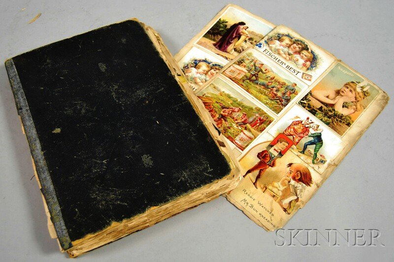 Scrapbook, 1890-1900, large disbound scrapbook, A: Scrapbook, 1890-1900, large disbound scrapbook, America, likely New York City, sixty-eight pages with mostly very colorful and embossed greeting cards, advertising tickets, paper pieces from play sets