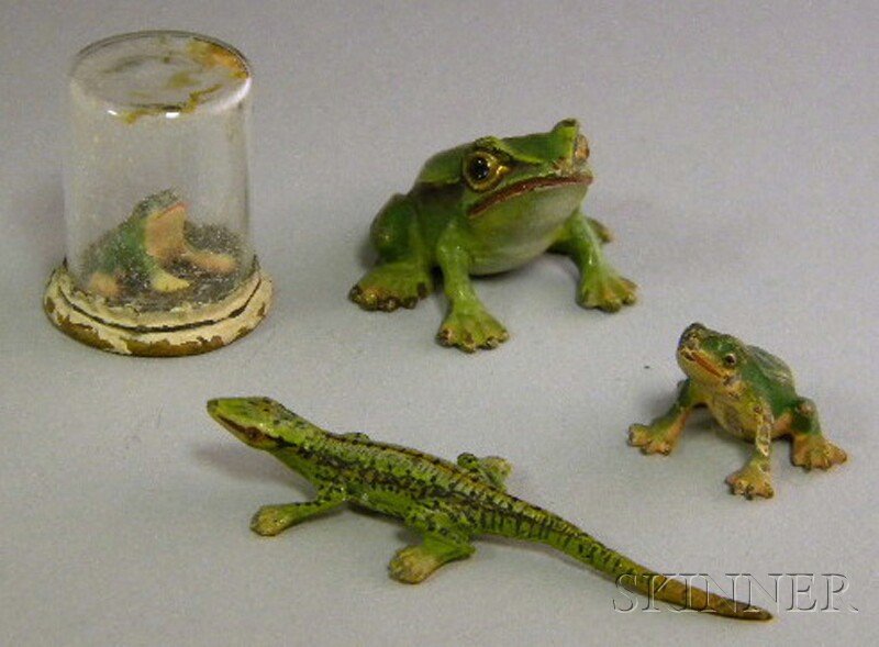 Austrian Miniature Cold-painted Bronze Lizard Fig: Austrian Miniature Cold-painted Bronze Lizard Figure and Three Frog Figures, early 20th century, including a frog in a glass jar with pierced metal cover, original paint, lizard lg. 1 3/4, frogs ht. 5