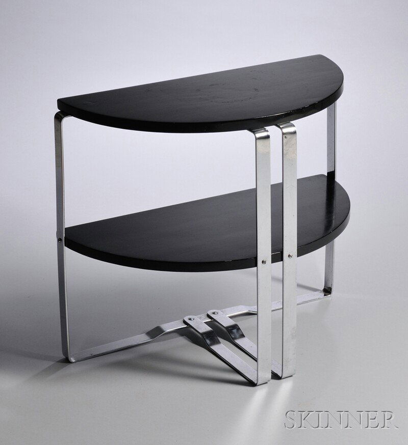 Wolfgang Hoffman Art Deco Black Lacquered and Ste: Wolfgang Hoffman Art Deco Black Lacquered and Steel Demilune End Table, Howell, St. Charles, Illinois, decal label, ht. 22, wd. 24, dp. 12 3/4 in.