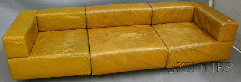 Harvey Probber Brown Leather-upholstered Three-pa: Harvey Probber Brown Leather-upholstered Three-part Sectional Sofa.