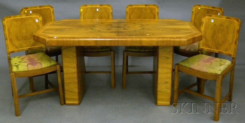 Art Deco Inlaid Burl Veneer Double-pedestal Dinin: Art Deco Inlaid Burl Veneer Double-pedestal Dining Table and Six Side Chairs, with upholstered slip seats, table approx. ht. 30 1/2, lg. 62 5/8, wd. 33 in.