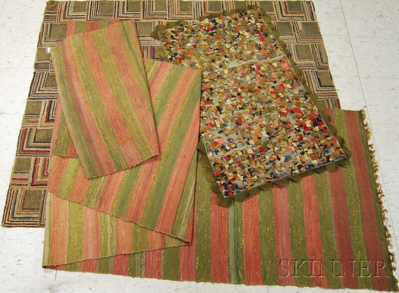 Two Country Rugs and a Mat, a woven striped patte: Two Country Rugs and a Mat, a woven striped pattern rag runner, lg. 16 ft., wd. 35 1/2 in.; a linear and squares pattern hooked rug, 66 x 55 1/2 in.; and a rag applique table mat, 45 1/2 x 28 1/2 in.