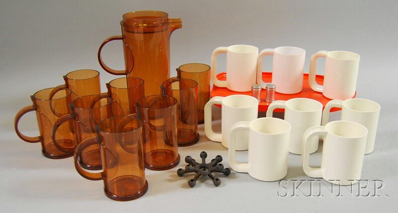 Group of Mid-century Modern Tableware, including: Group of Mid-century Modern Tableware, including a set of eight white Heller mugs and an orange tray, a pair of metal salt and pepper shakers, an amber-colored Gunner Cyren for Dansk Designs Denmark p