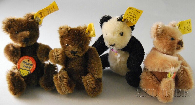 Four Tiny Steiff Mohair Bears, Germany, c. 1960 -: Four Tiny Steiff Mohair Bears, Germany, c. 1960 - 70s, one bendable panda with jointed neck, ear button, tag, and Original Steiff paper label; three jointed teddy bears, one beige and two dark brown, 