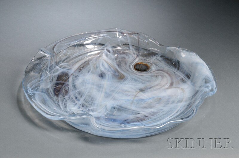 Per Lutken for Holmegaard Lava Art Glass Platter,: Per Lutken for Holmegaard Lava Art Glass Platter, Denmark, c. 1970, large circular platter with shaped rim in colorless glass with internal white and blue swirls and one round caramel-colored inclusio