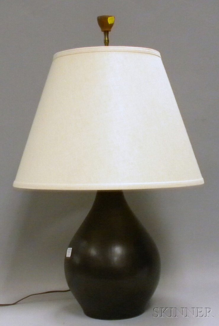 Martz Brown Glazed Pottery Table Lamp, Marshall S: Martz Brown Glazed Pottery Table Lamp, Marshall Studios, Indiana, with shade, incised signature and paper label, body ht. 15 in.