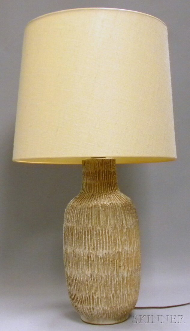 Modern Glazed Art Pottery Table Lamp, possibly Er: Modern Glazed Art Pottery Table Lamp, possibly Eric Hedison, Technik, white glaze, deep vertical striations on body, body ht. 17 1/4 in.