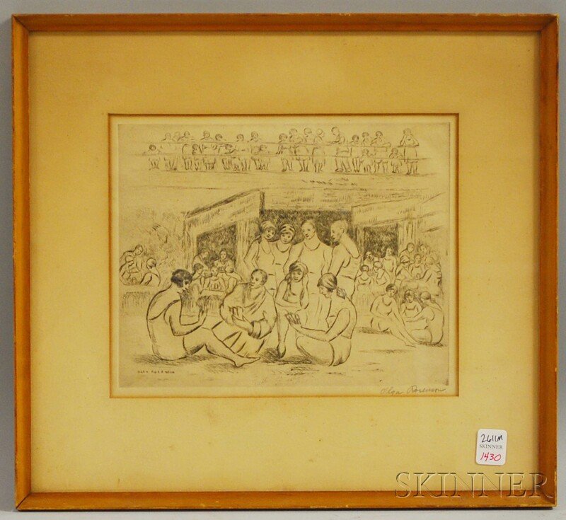 Olga Rosenson (American, 1892-1959) Long Beach. S: Olga Rosenson (American, 1892-1959) Long Beach. Signed within the image l.r. and l.r. in pencil l.r. Etching, sight size 8 1/2 x 10 1/2 in., framed. Condition: Toning, not examined out of frame.