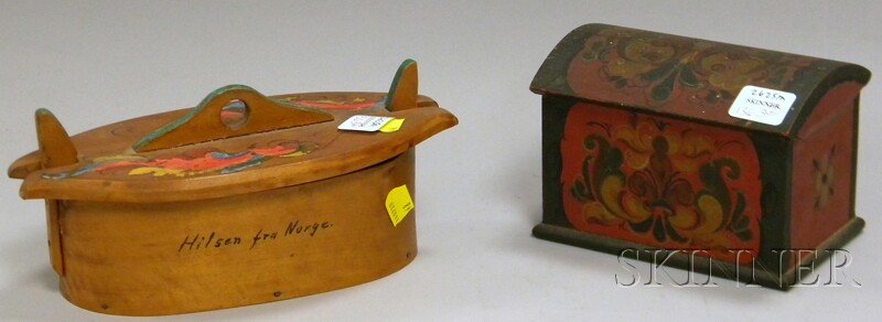 Norwegian Oval Polychrome-painted Lap-side Wooden: Norwegian Oval Polychrome-painted Lap-side Wooden Box with Cover and a Miniature Polychrome-painted Wood Dome-top Blanket Box, blanket box ht. 4 1/8, lg. 5 3/4 in.
