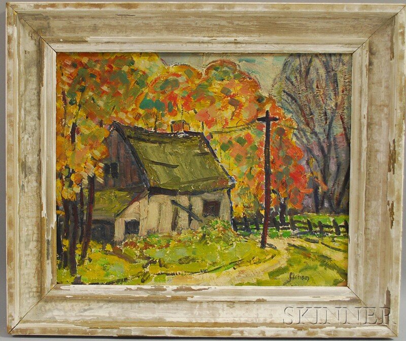 American School, 20th Century House in Autumn. Si: American School, 20th Century House in Autumn. Signed "Miriam" l.r. Oil on panel, 20 x 16 in. framed, (soil, edge chips, imperfections).