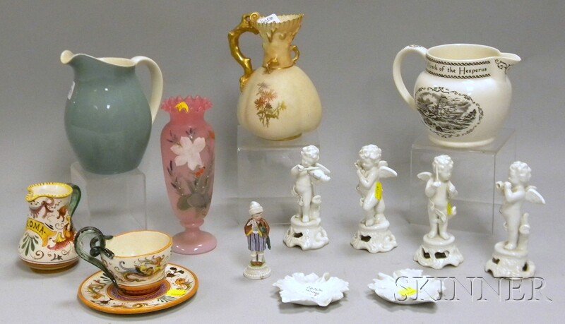 Thirteen Pieces of Assorted European Ceramic and: Thirteen Pieces of Assorted European Ceramic and Porcelain Tableware and Figurals, including a Deruta jug, cup and saucer, four angel musicians and a pair of small leaf-form dishes, a miniature Meisse