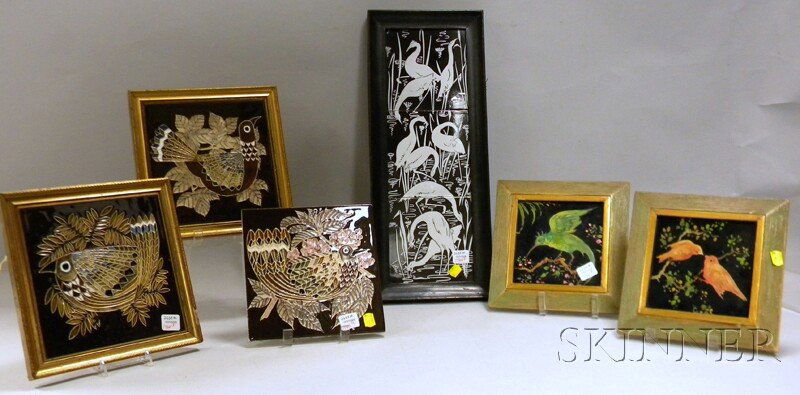 Eight Bird-decorated English Art Pottery Tiles, i: Eight Bird-decorated English Art Pottery Tiles, including a pair of hand-painted Richards black glaze, a Carter Poole triptych of cranes, and three H. & R. Johnson, most framed, the three Johnson tile