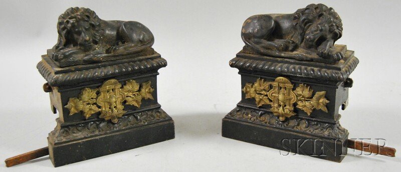 Pair of Brass-mounted Black-painted Cast Iron Sle: Pair of Brass-mounted Black-painted Cast Iron Sleeping Lion Fireplace Fender Corners, ht. 7 1/2, lg. 6 5/8 in.