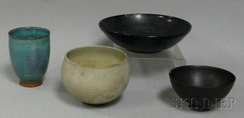 Three Edwin and Mary Scheier Studio Pottery Bowls: Three Edwin and Mary Scheier Studio Pottery Bowls and a Cup, one bowl with bulbous body and matte white glaze, (some staining, discoloration, cracks); the second with recessed foot in a matte black gl