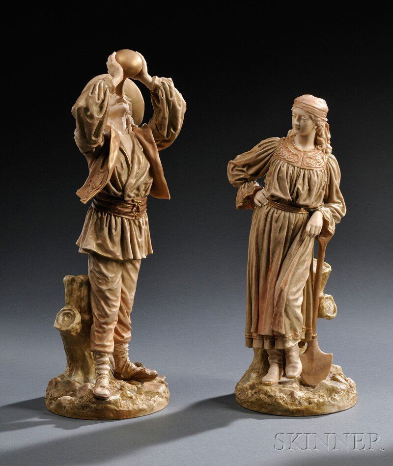 Pair of Royal Worcester Porcelain Roumanian Man and: Pair of Royal Worcester Porcelain Roumanian Man and Woman Figures, England, c. 1892, after the originals by James Hadley, each modeled standing, enamel decorated and with gilt trim, printed marks, ht.