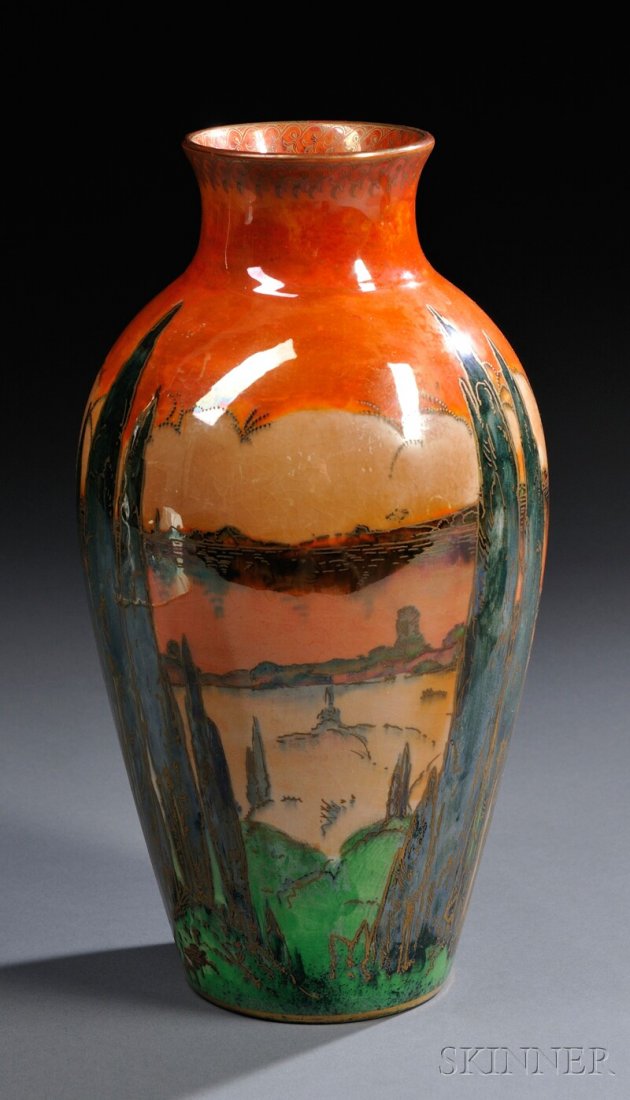 Royal Worcester Porcelain Crownware Vase, England,: Royal Worcester Porcelain Crownware Vase, England, c. 1924, polychrome enameled and gilded Lustred landscape decoration, shape 99, printed mark, ht. 10 1/2 in.