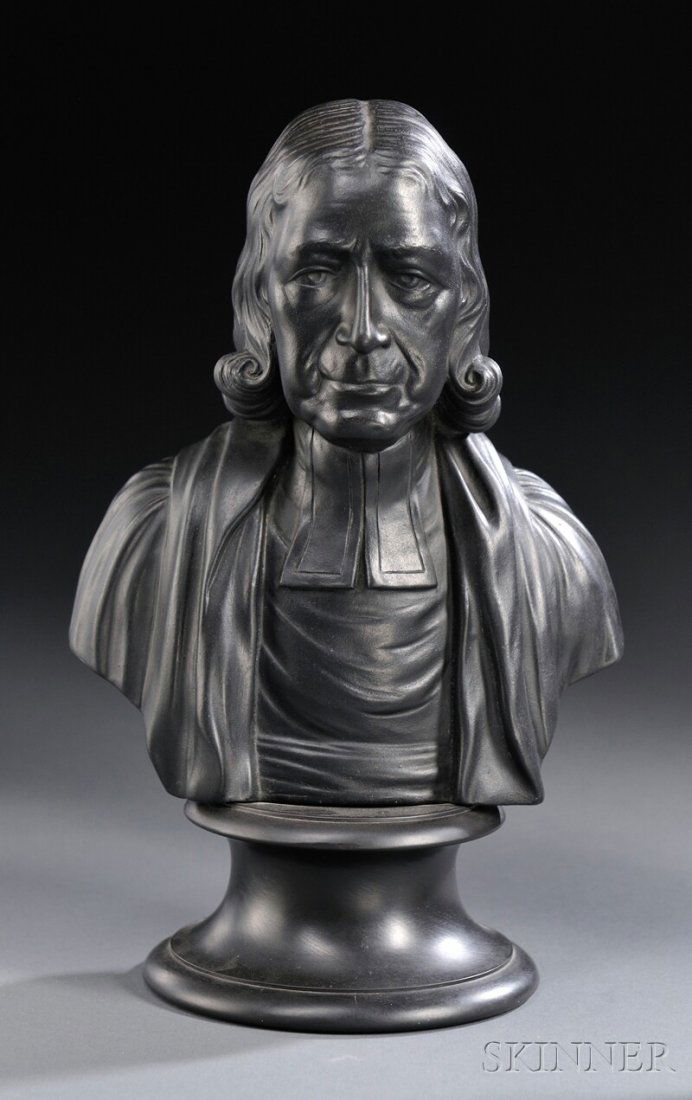 Wedgwood Black Basalt Bust of John Wesley, England,: Wedgwood Black Basalt Bust of John Wesley, England, mid-19th century, mounted atop a waisted circular socle, impressed mark, ht. 8 3/4 in.