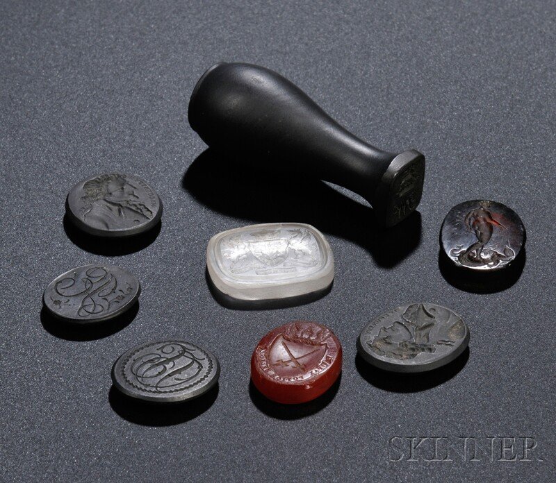 Eight Assorted Intaglios, England, 18th century, f: Eight Assorted Intaglios, England, 18th century, five in black basalt: a Wedgwood & Bentley with monogram, a Wedgwood upper-lower case with monogram, two Wedgwood upper case with male portrait and ins
