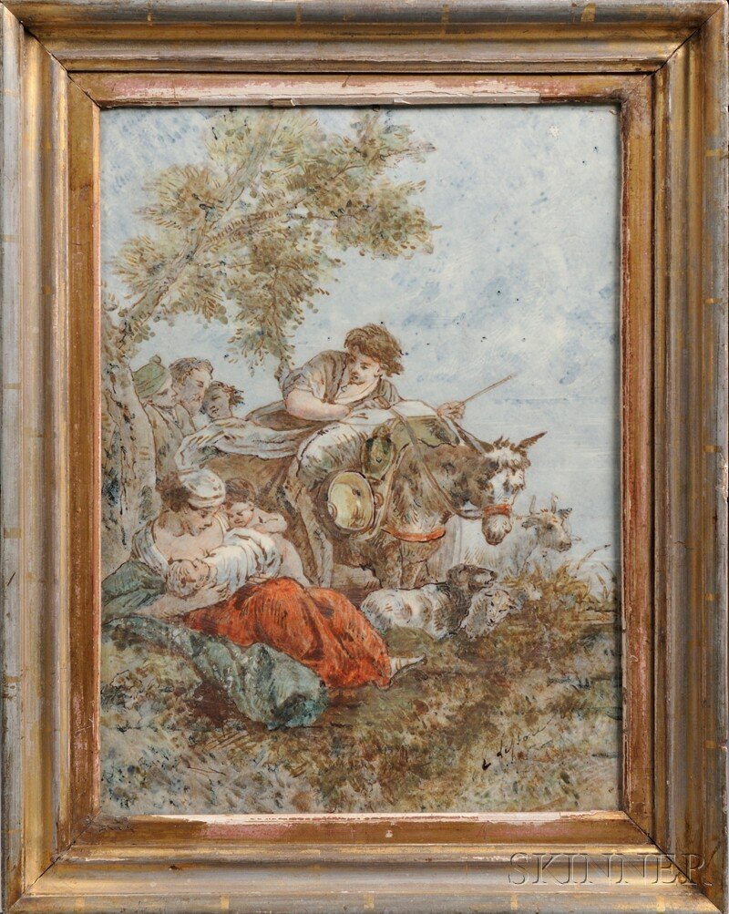 Emile Lessore Decorated Creamware Plaque, England,: Emile Lessore Decorated Creamware Plaque, England, c. 1860, rectangular, polychrome enamel decorated figural landscape with peasants, artist signed, 12 x 16 in.; set in a giltwood frame.