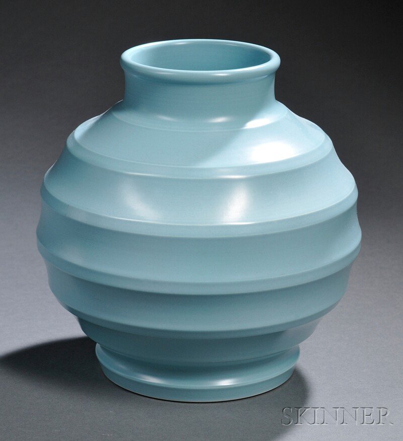 Wedgwood Keith Murray Annular Ware Vase, England,: Wedgwood Keith Murray Annular Ware Vase, England, c. 1940, pale blue glaze to a globular shape with concentric rings, printed mark, ht. 7 1/4 in.