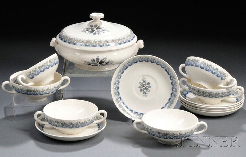Seven Wedgwood Eric Ravilious Design Items, Englan: Seven Wedgwood Eric Ravilious Design Items, England, c. 1953, black transfer-printed and enamel-decorated in the Persephone pattern, a covered vegetable tureen, dia. 8 1/8, and six two-handled soup bo