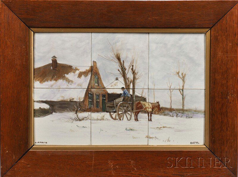 Distel Pottery Six-tile Hand-painted Tableau After: Distel Pottery Six-tile Hand-painted Tableau After Anton Mauve, Amsterdam, Holland, early 20th century, depicting a farmhouse with a figure standing in a horse-drawn cart amidst a snowy landscape, sig