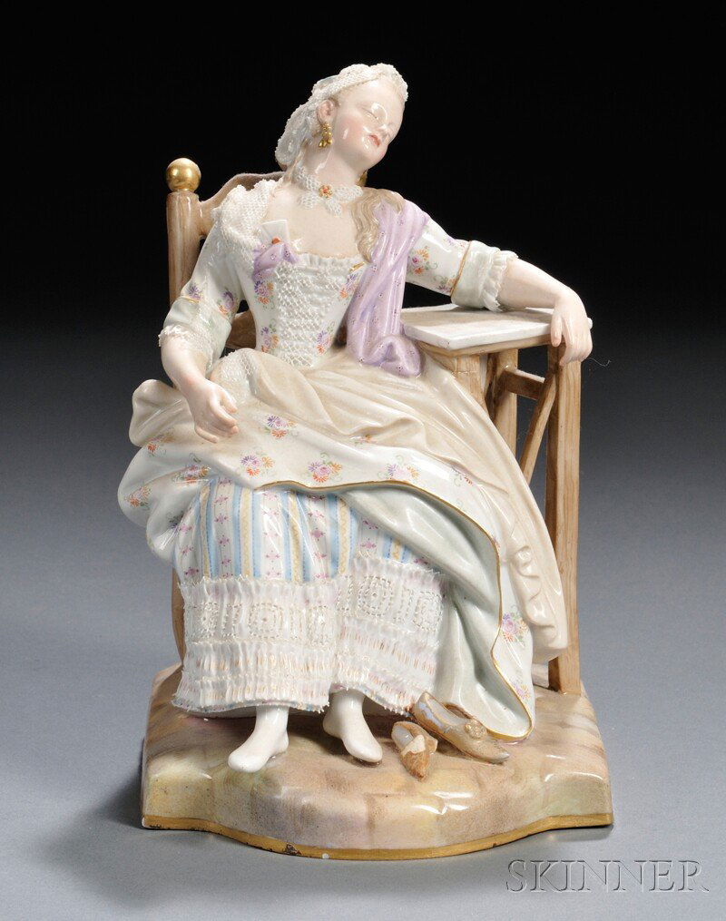 Meissen Porcelain Figure of a Woman Napping, Saxon: Meissen Porcelain Figure of a Woman Napping, Saxony, second half 19th century, the woman seated in a chair with her hand draped on a side table, shoes cast off, and a letter tucked into her bodice, wi