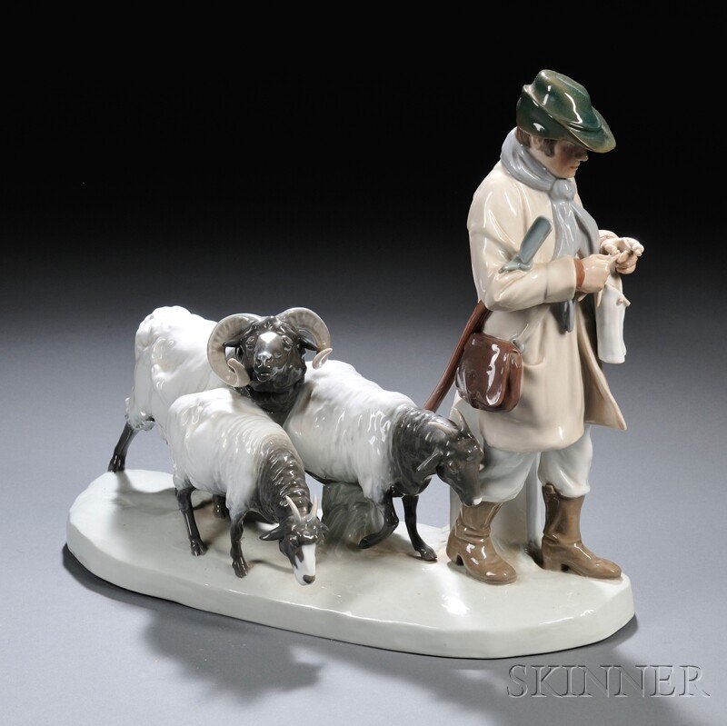 Meissen Porcelain Group of a Shepherd and Sheep, S: Meissen Porcelain Group of a Shepherd and Sheep, Saxony, second half 20th century, the figure mid-stride, with a crook under his arm and knitting needles in hand, followed by three sheep, with a tombs