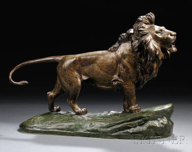 After Robert Bousquet (French, 1894-1917) Lion, c: After Robert Bousquet (French, 1894-1917) Lion, cast as a male lion standing atop a naturalistic base incised "Bousquet," lion with gold-colored patination, lg. 19 in.