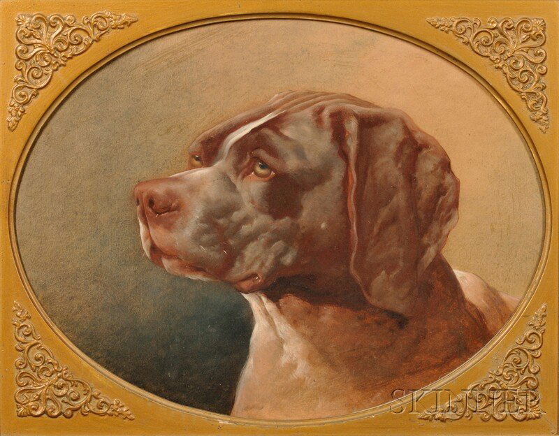 British School, 19th/20th Century, Head of a Hunti: British School, 19th/20th Century Head of a Hunting Dog Unsigned, inscribed "Dog's Head/By Poole of London" on the reverse. Oil on paperboard, 13 1/2 x 17 5/8 in. (34.3 x 44.9 cm), framed. Condition: